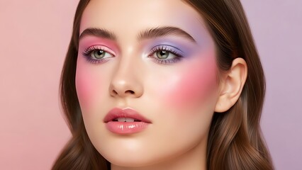 Fototapeta premium A young woman with artistic pink and purple eyeshadow and blush, showcasing vibrant and creative makeup.