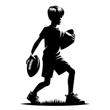 Black and White Vector Silhouette of a Boy Carrying a Football