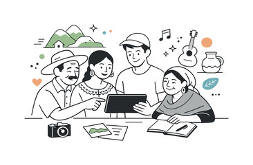 Community-based cultural research. Small rural group reviewing photos and notes together on a tablet. Calm collaboration and shared pride in