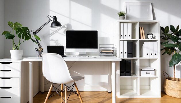 Minimal white workspace, modern desk setup, soft shadows, bright natural light, clean business background, stock photo style, unique composition, different layout, creative perspective