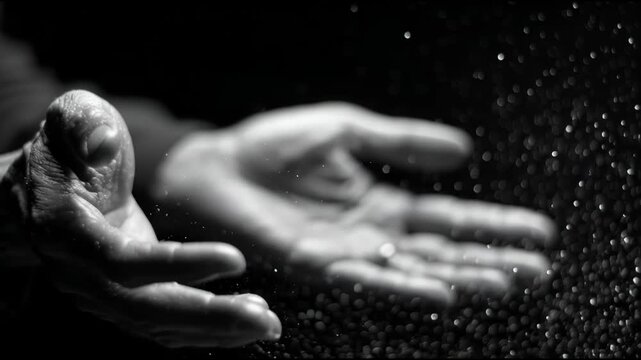 Hands Releasing Grains in a Dramatic Monochrome Scene.