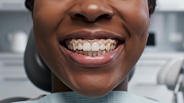 Close-up of a young Black woman smiling, revealing her teeth and lips, with a hint of dental work or imperfections, in a bright, clean setting, possibly a dental office, showcasing oral health concer
