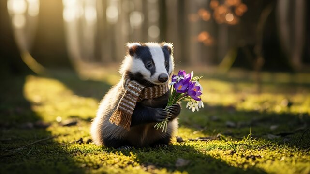 Cute Whimsical Badger Wearing Scarf Holding Spring Flower Bouquet in Sunny Forest