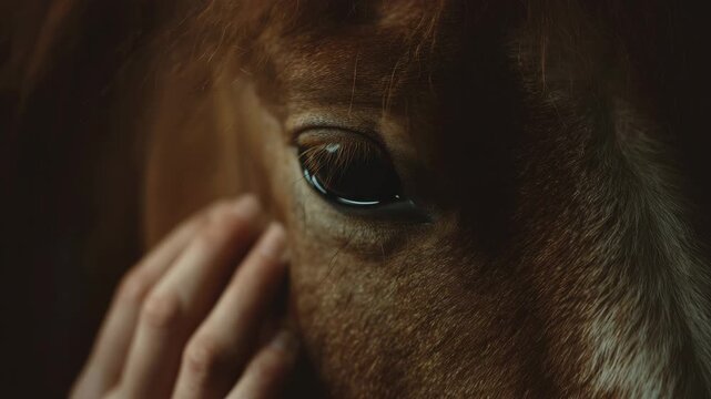 close up of human hand gently stroking a brown horse eye with affection
