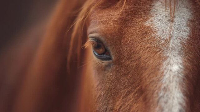 close up of a brown horse eye with soft focus and warm natural tones