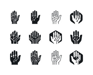 Fototapeta premium Tech Body Logos. Tech integration into the human body. Icon set. Set Logo of Tech integration into the human body: hand with embedded sensors. harmonious logo