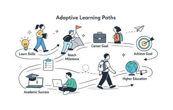 Adaptive learning paths. A visual flow of steps and icons guiding students toward different goals, with calm characters moving along paths.