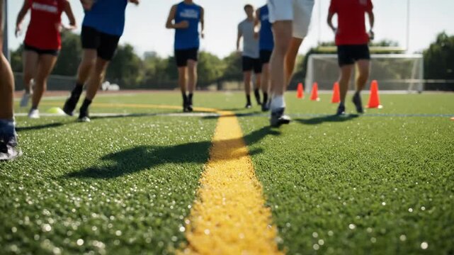Young athletes running on artificial turf field during training