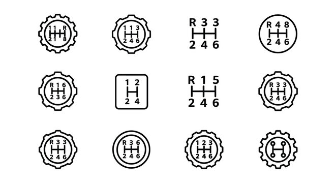 Various automotive gear shift patterns displayed in black and white