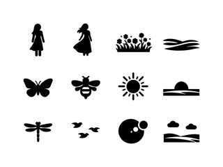 Obraz premium Girl in blooming field. Filled icon set of Girl in blooming field: standing girl, long dress