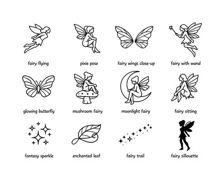 Fairy Tale Icons. Fairy Tale Creatures. Line icon set of Fairy Tale Creatures: fairy flying, pixie pose, fairy wings close-up, fairy with wand, glowing