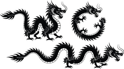 Fototapeta premium Stylized Chinese dragon silhouettes in dynamic poses, vector illustration for mythology, cultural symbolism, fantasy art, decorative design themes