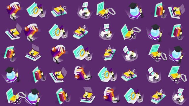 Graduation and learning icons for educational design projects, presentations, social media posts, and schoolrelated materials on a vibrant purple background.