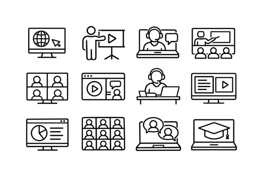 Digital Workshops. Line icon set of Digital Workshops: online workshop platform, presenter with screen, remote lecture, digital classroom,