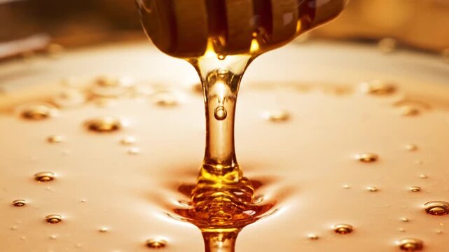 Wooden honey dipper submerged in rich golden honey