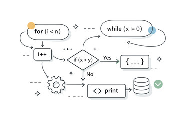 Programming code flow. An abstract composition of loops, arrows, nodes, and code symbols arranged harmoniously, symbolizing structured logic