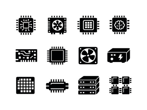    AI Hardware. Solid icon set of AI Hardware: ai chip, gpu processor, cpu processor, neural accelerator, circuit board, microchip pins, cooling