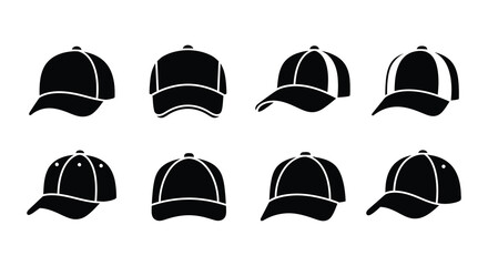 Fototapeta premium Collection of black baseball cap silhouettes in various orientations