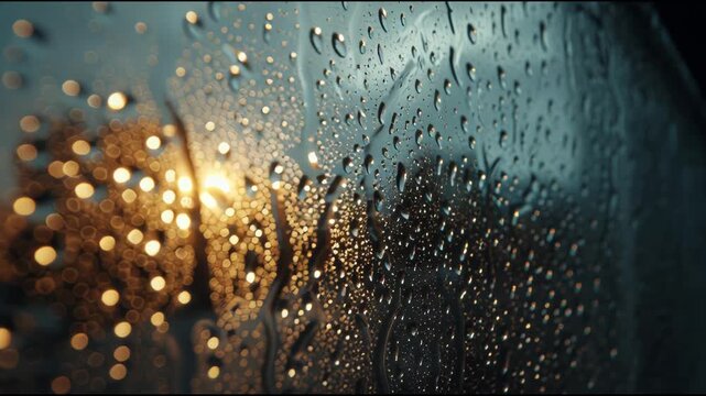 Raindrops on window with blurred city lights at sunset.