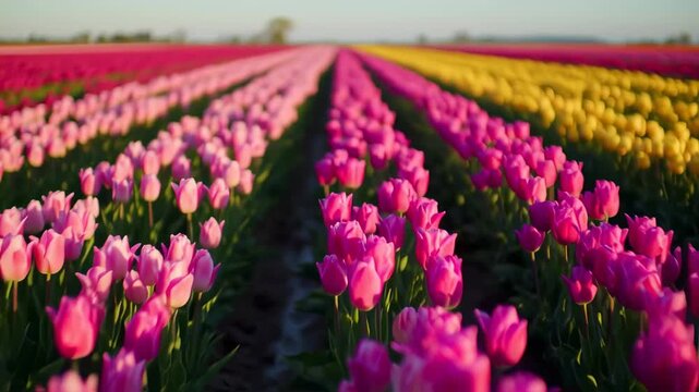 A field of vibrant tulips in various shades of pink and yellow.  Rows of tulips stretch out as far as the eye can see, bathed in soft sunlight. 