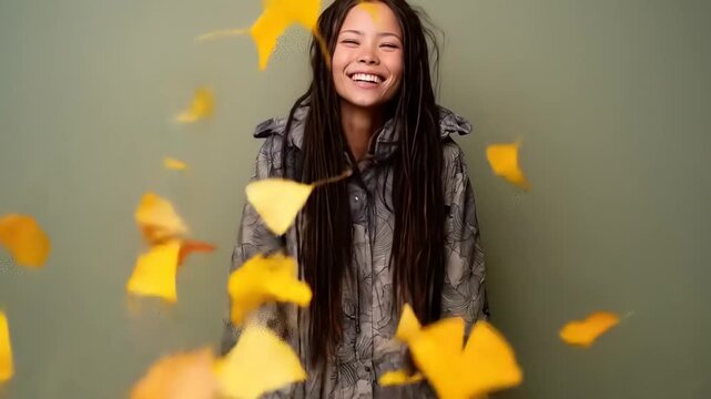 Smiling woman with long dreadlocks wearing a coat, surrounded by yellow, falling leaf shapes