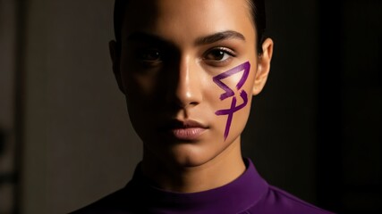 Obraz premium Young Woman with Purple Feminist Symbol Face Paint, International Womens Day Concept