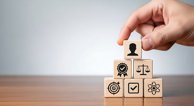 Ethics inside human mind, Business ethics concept. Hand hold ethics inside a head symbols in wooden cubes stacked on gray background with copy space.