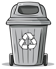 Gray Rolling Trash Can with Recycling Symbol Illustration