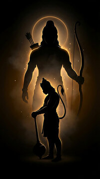 Lord Hanuman with Shadow of Shri Ram in Divine Golden Light, Hanuman Jayanti and Ram Navami Spiritual Hindu Art