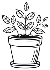 Obraz premium Black and white illustration of a potted plant with large leaves, line art style