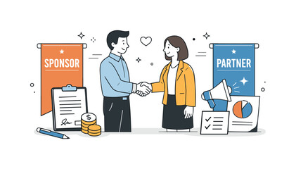 Sponsorship agreement. A handshake between partners with branded banners and simple contract elements nearby. Clean composition conveys