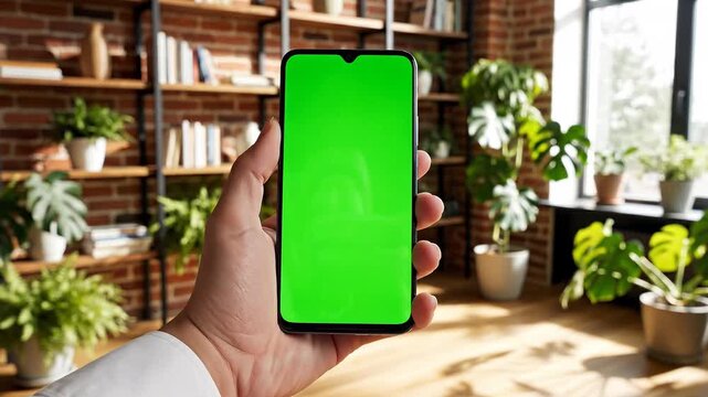 Person holds a modern black smartphone displaying a vibrant green screen mockup perfect for creative digital content overlay applications and design testing