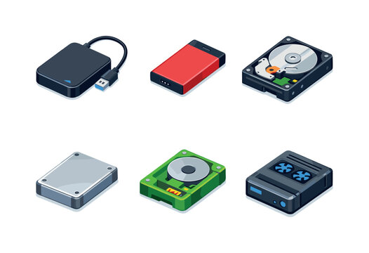    Storage hardware. Isometric flat vector icons set of storage hardware: external hard disk drive, solid state external drive, mechanical HDD