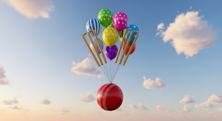 Colorful balloons lift cricket ball in serene sky