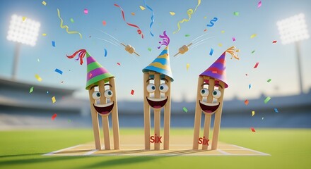 Cricket stumps celebrate with party hats and confetti
