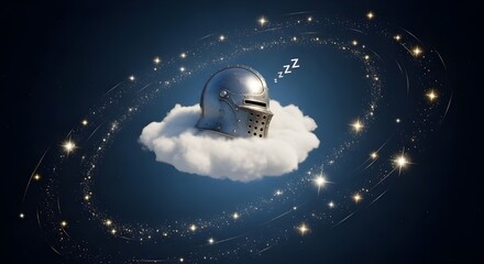 Knight's helmet sleeps peacefully on a cloud amidst stars