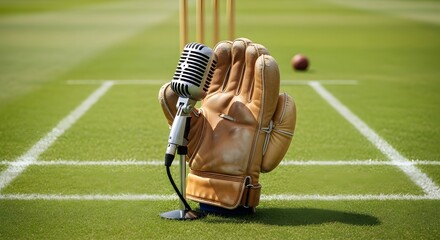 Vintage microphone with cricket glove on green field