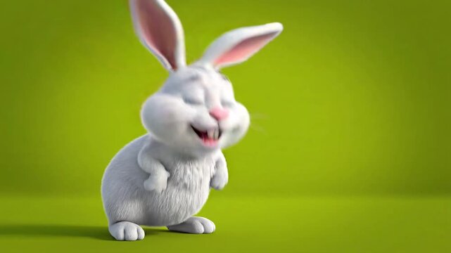 Adorable fluffy white cartoon bunny character exhibiting extreme joy with a wide open mouth laugh animation