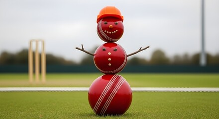 Cricket balls form snowman on green field with orange hat