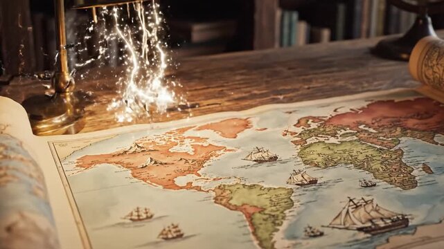 Vintage travel map unfurled on weathered wooden desk beneath warm desk lamp, scrolls and globe in study