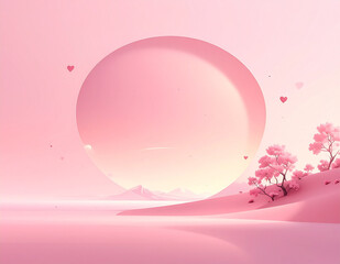 Dreamy pink romantic landscape with a giant sun, cherry blossom trees and floating hearts. Minimal Valentine scene.