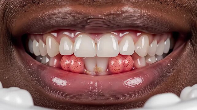 Close-up extreme detail of a person's mouth revealing healthy white teeth and gums, contrasting with some bad teeth and plaque buildup, with playful pink textured spheres between incisors for a uniqu