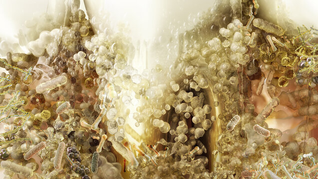 Dental plaque bacteria forming a dense microbial biofilm matrix on a tooth enamel surface. Сomplex microbial community, cocci, bacilli. Dentistry, periodontal disease, caries tooth decay, gingivitis