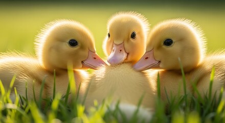 Adorable Trio of Fluffy Baby Ducklings in Green Grass