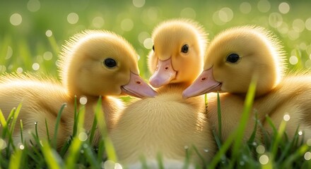 Adorable Trio of Baby Ducklings in Green Grass Sunlight Bokeh duck