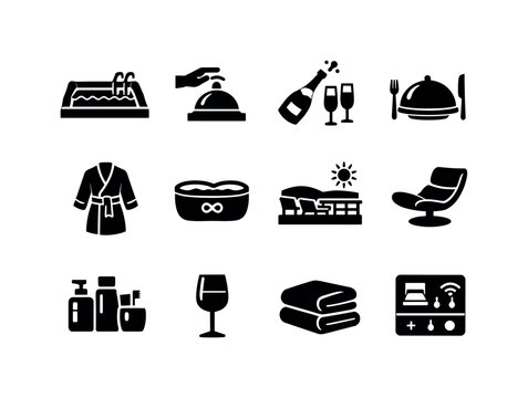 Luxury amenities. Solid icon set of Luxury amenities: private pool, butler service bell, champagne bottle, fine dining plate, luxury spa