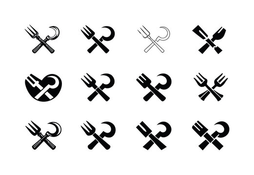    Peasantry. Icon set. Set Logo of Peasantry: farming tools crossed. harmonious logo variations of the same emblematic concept, each with