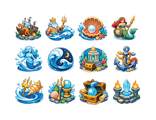 Naklejka premium Fantasy Sea Myth. Colorful isometric vector icons set of Fantasy Sea Myth: ancient sea legend, mythical god icon, symbolic ocean motifs,