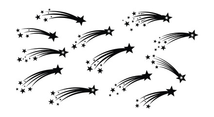 Black shooting stars with trails scattered across a white background © MdNirob