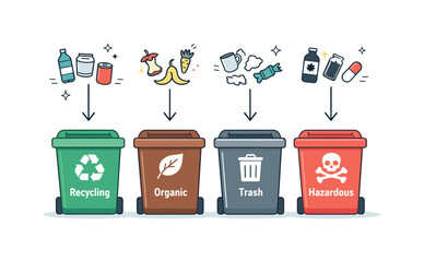 Sorting bin system illustration. A clean composition with bins, icons, and arrows guiding items into the correct containers, symbolizing